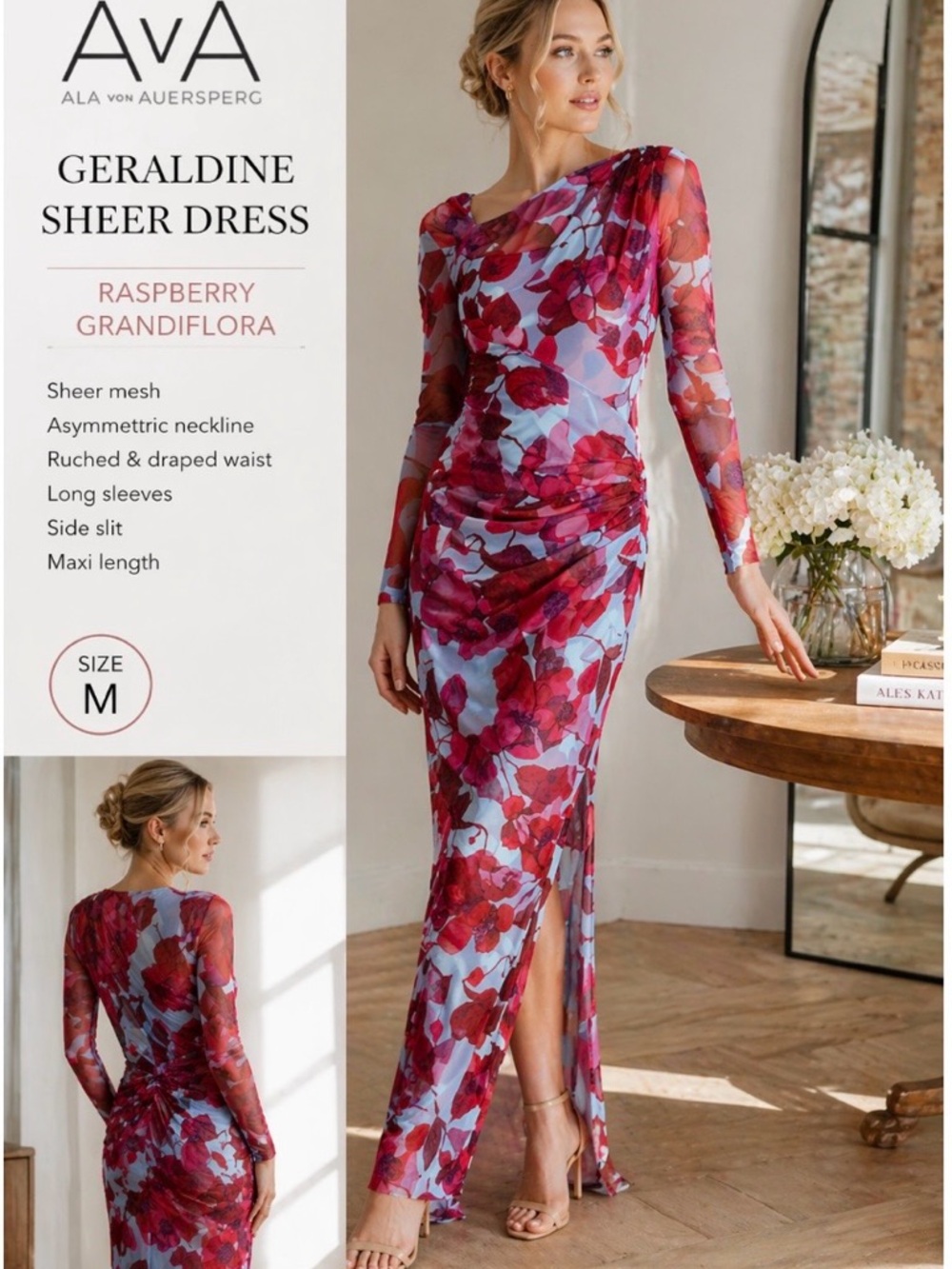 ALA von Auersperg Geraldine Sheer Dress Raspberry Grandiflora Mesh Maxi M